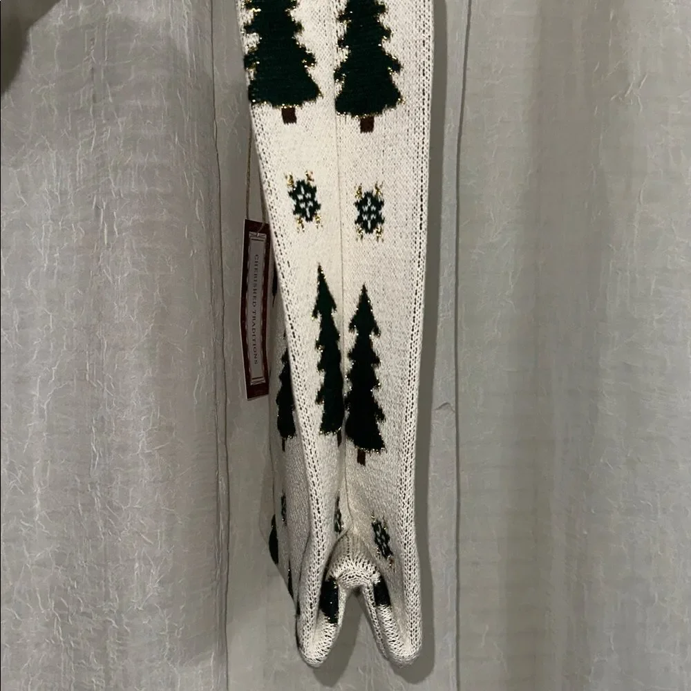 CT White Ivory Green Gold Christmas Tree Snowflake Knit Wine Gift Bag